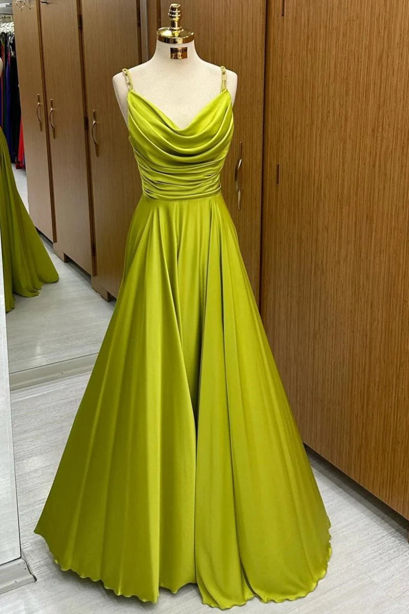 A-Line Cowl Neck Pleated Satin Olive Green Long Evening Prom Dress
