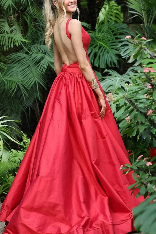 A-Line Deep V-Neck Empire-Waist Sleeveless Satin Prom Dress with Slit
