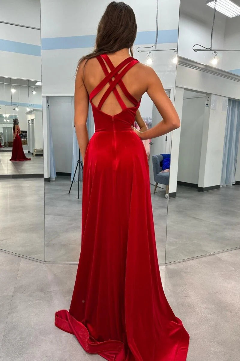 A-Line Deep V Neck Applique Velvet Red Long Evening Dress With Slit