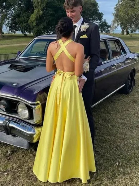 A-Line Deep V Neck Bow Tie Satin Yellow Long Prom Dress With Slit