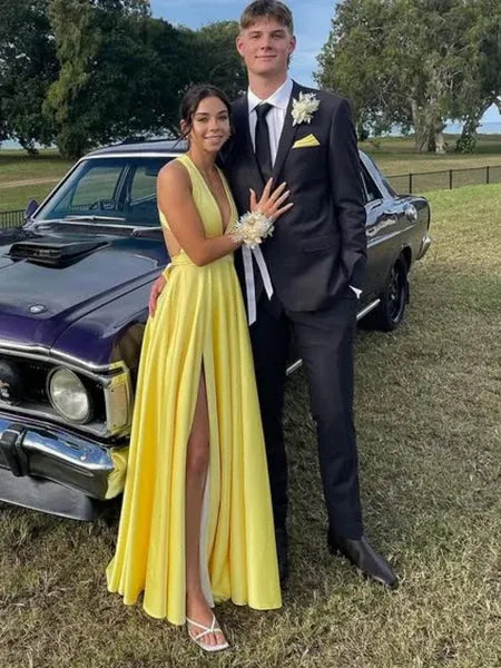 A-Line Deep V Neck Bow Tie Satin Yellow Long Prom Dress With Slit