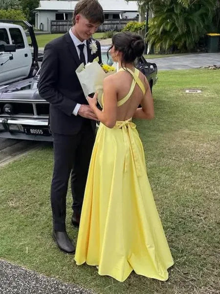 A-Line Deep V Neck Bow Tie Satin Yellow Long Prom Dress With Slit