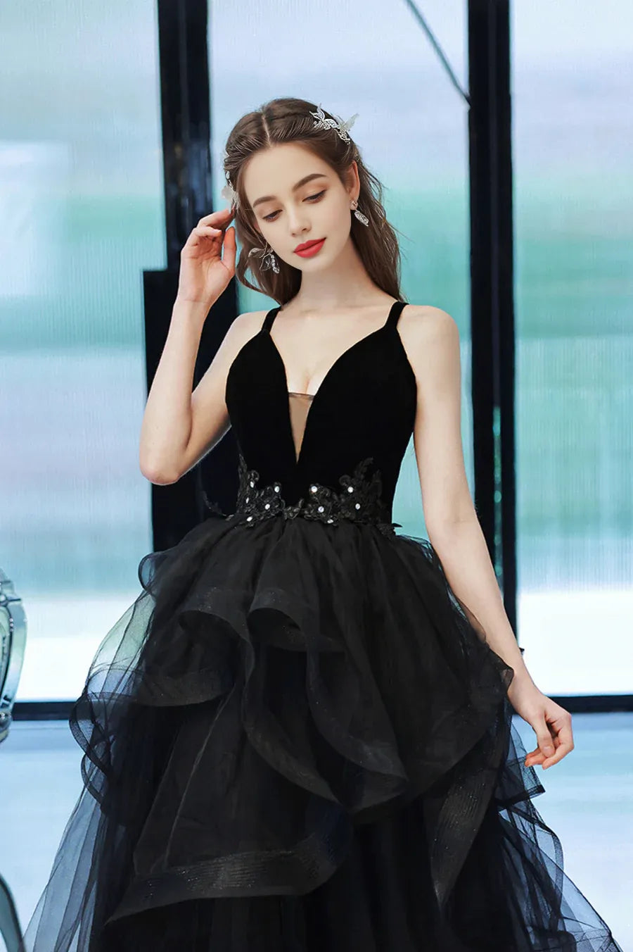 A-Line Deep V Neck Ruffle Tiered Tulle Lace Black Long Prom Dress With Applique