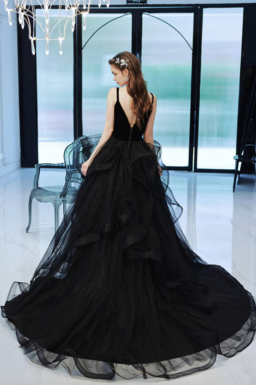 A-Line Deep V Neck Ruffle Tiered Tulle Lace Black Long Prom Dress With Applique