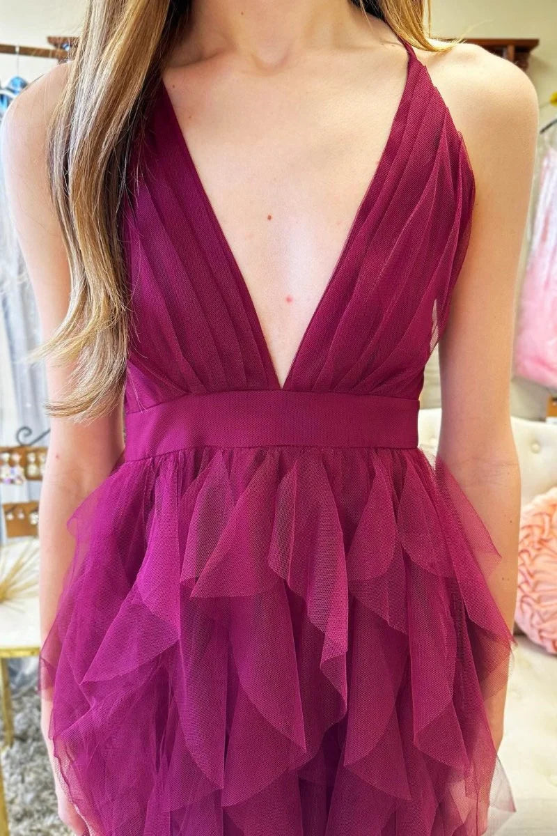 A-Line Deep V Neck Ruffle Tulle Dusty Blue Maxi Evening Dress Prom Dress