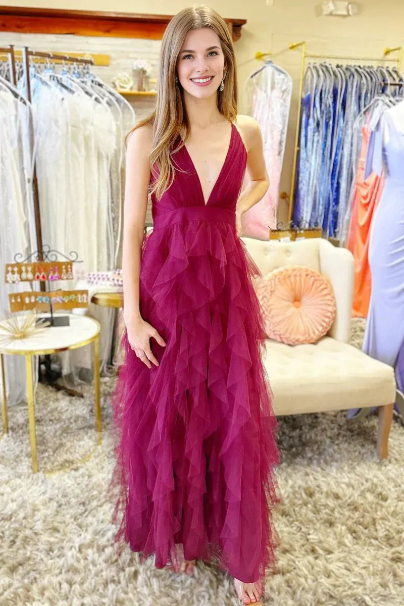 A-Line Deep V Neck Ruffle Tulle Dusty Blue Maxi Evening Dress Prom Dress