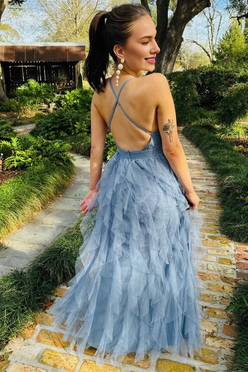 A-Line Deep V Neck Ruffle Tulle Dusty Blue Maxi Evening Dress Prom Dress