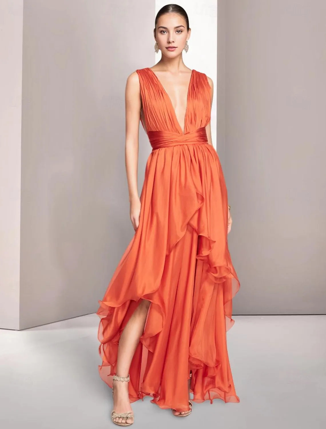 A-Line Deep V Neck Sleeveless Ruched Ruffle Chiffon Orange Maxi Prom Dress