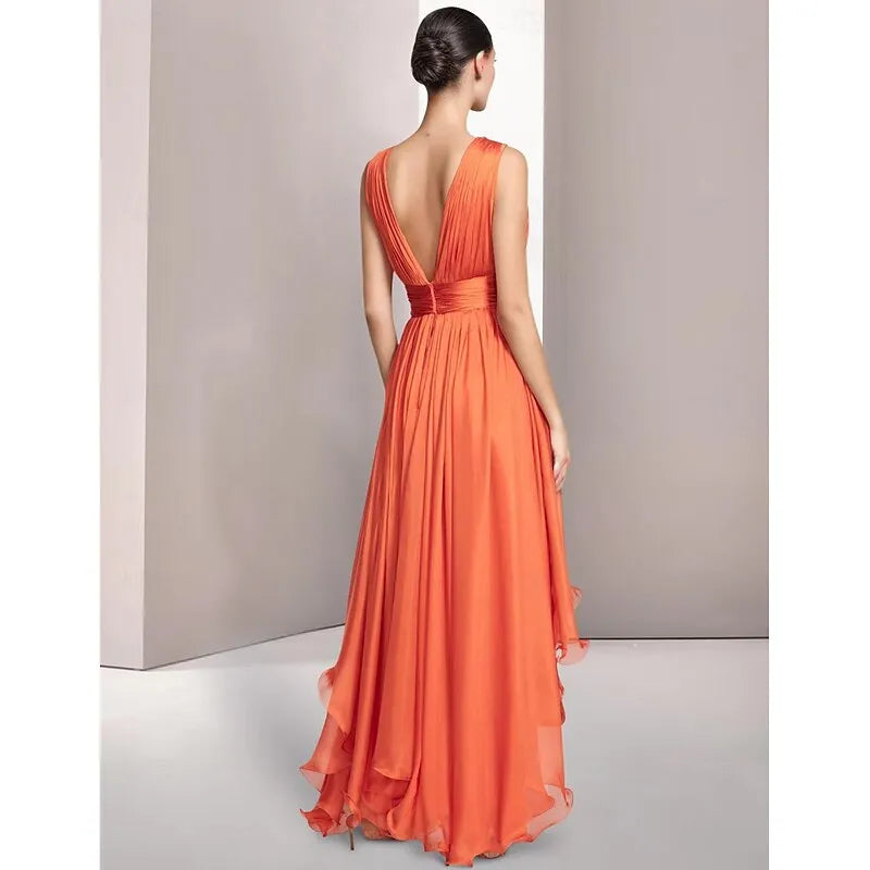 A-Line Deep V Neck Sleeveless Ruched Ruffle Chiffon Orange Maxi Prom Dress