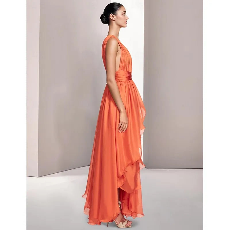 A-Line Deep V Neck Sleeveless Ruched Ruffle Chiffon Orange Maxi Prom Dress