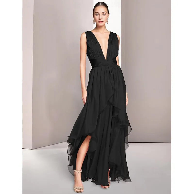 A-Line Deep V Neck Sleeveless Ruched Ruffle Chiffon Orange Maxi Prom Dress