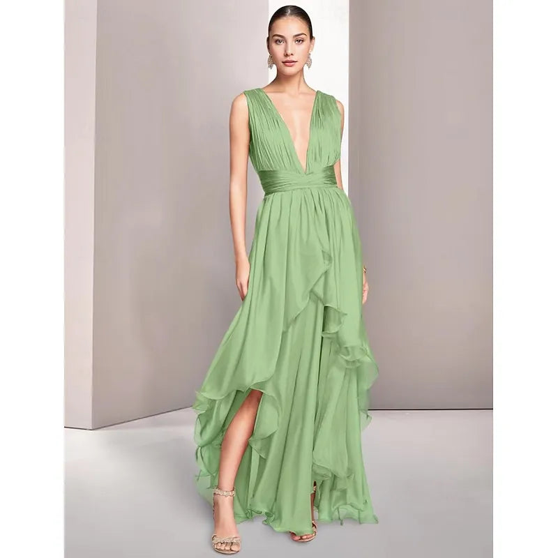 A-Line Deep V Neck Sleeveless Ruched Ruffle Chiffon Orange Maxi Prom Dress