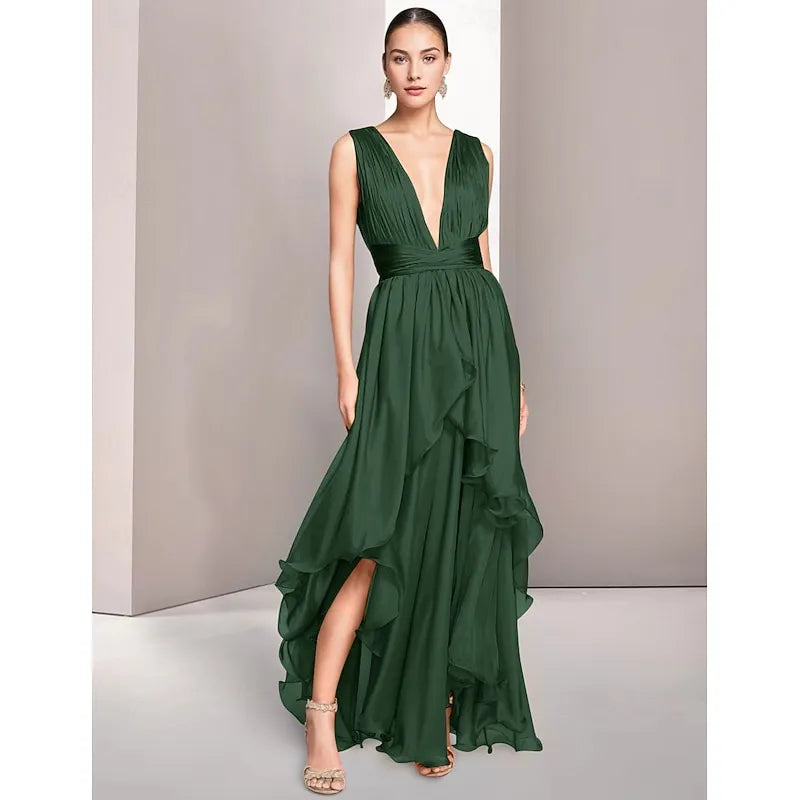A-Line Deep V Neck Sleeveless Ruched Ruffle Chiffon Orange Maxi Prom Dress