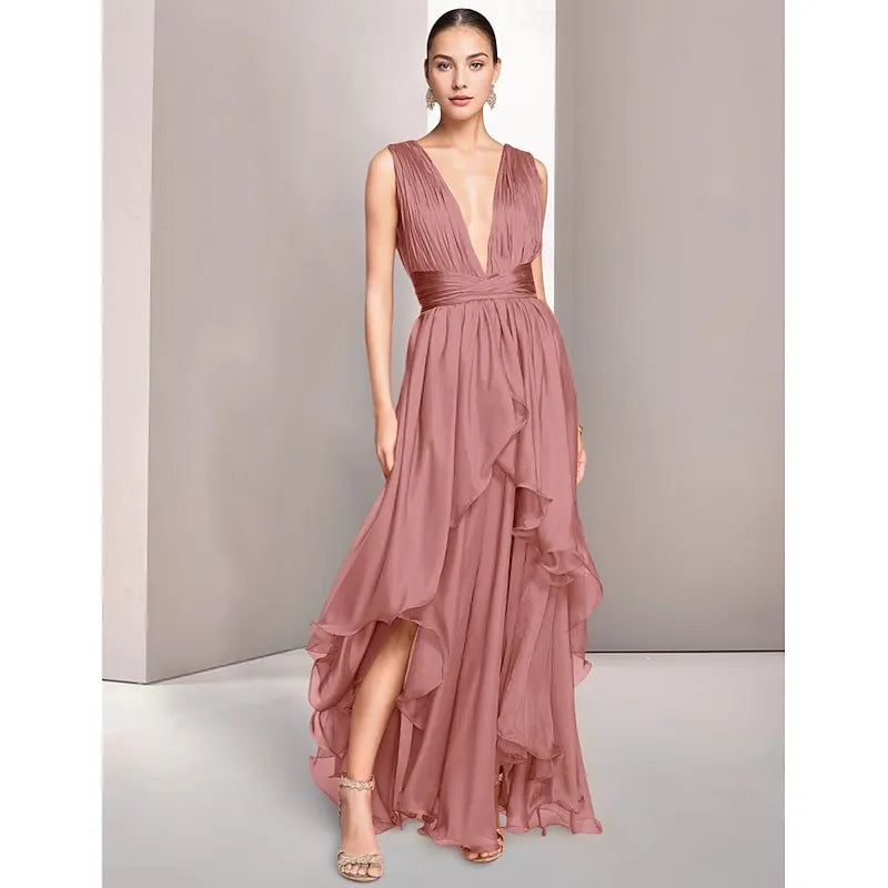 A-Line Deep V Neck Sleeveless Ruched Ruffle Chiffon Orange Maxi Prom Dress