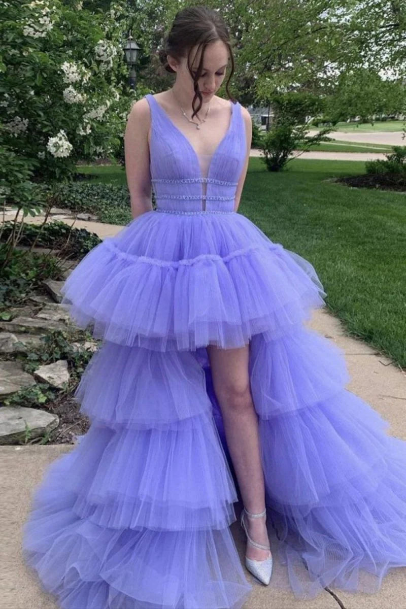 A-Line Deep V Neck Tiered High Low Tulle Lavender Evening Prom Dress