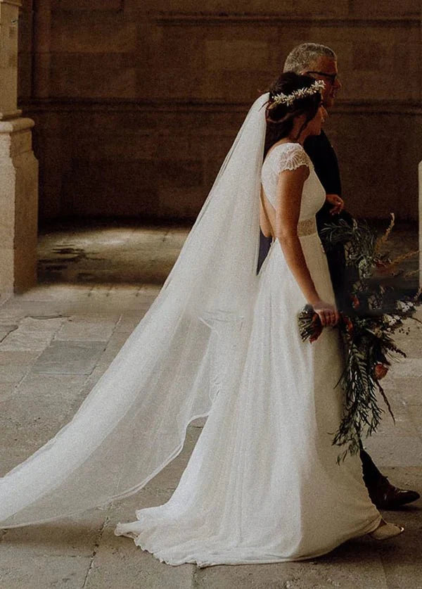 A-Line  Diamond White Chiffon V-Neck Short Sleeve Wedding Dresses Cutout Back Bridal Gowns With Train