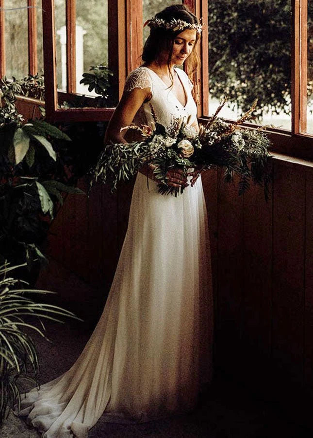 A-Line  Diamond White Chiffon V-Neck Short Sleeve Wedding Dresses Cutout Back Bridal Gowns With Train