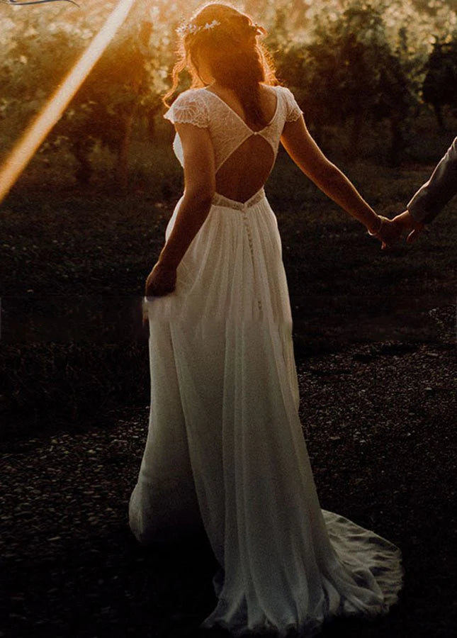 A-Line  Diamond White Chiffon V-Neck Short Sleeve Wedding Dresses Cutout Back Bridal Gowns With Train