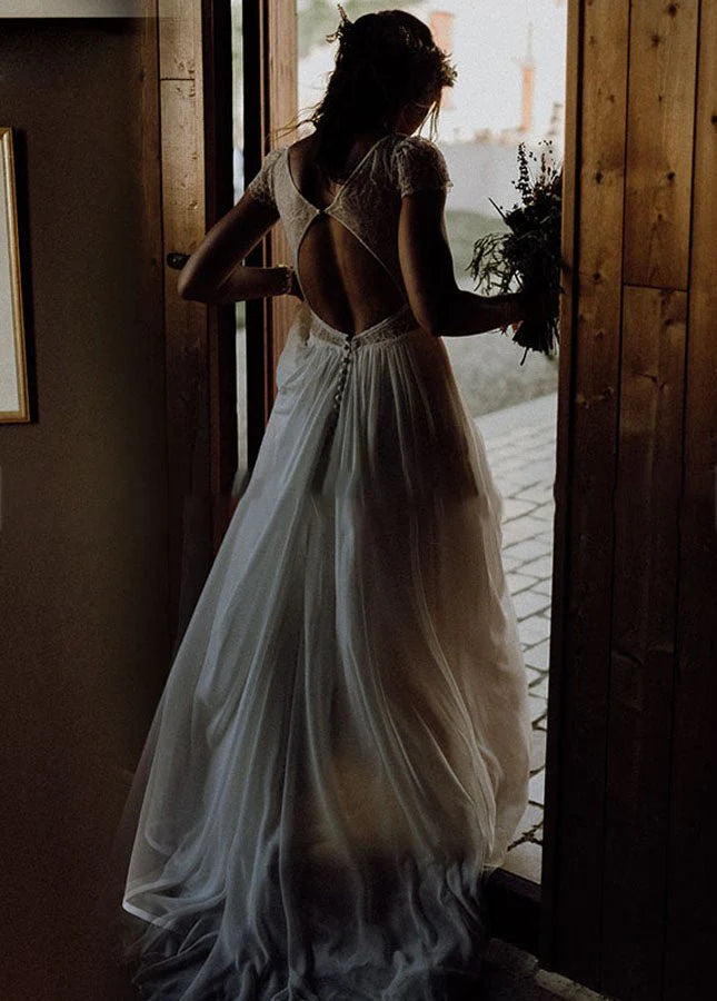 A-Line  Diamond White Chiffon V-Neck Short Sleeve Wedding Dresses Cutout Back Bridal Gowns With Train