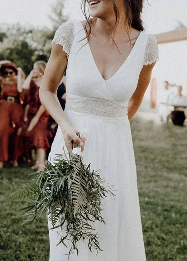 A-Line  Diamond White Chiffon V-Neck Short Sleeve Wedding Dresses Cutout Back Bridal Gowns With Train