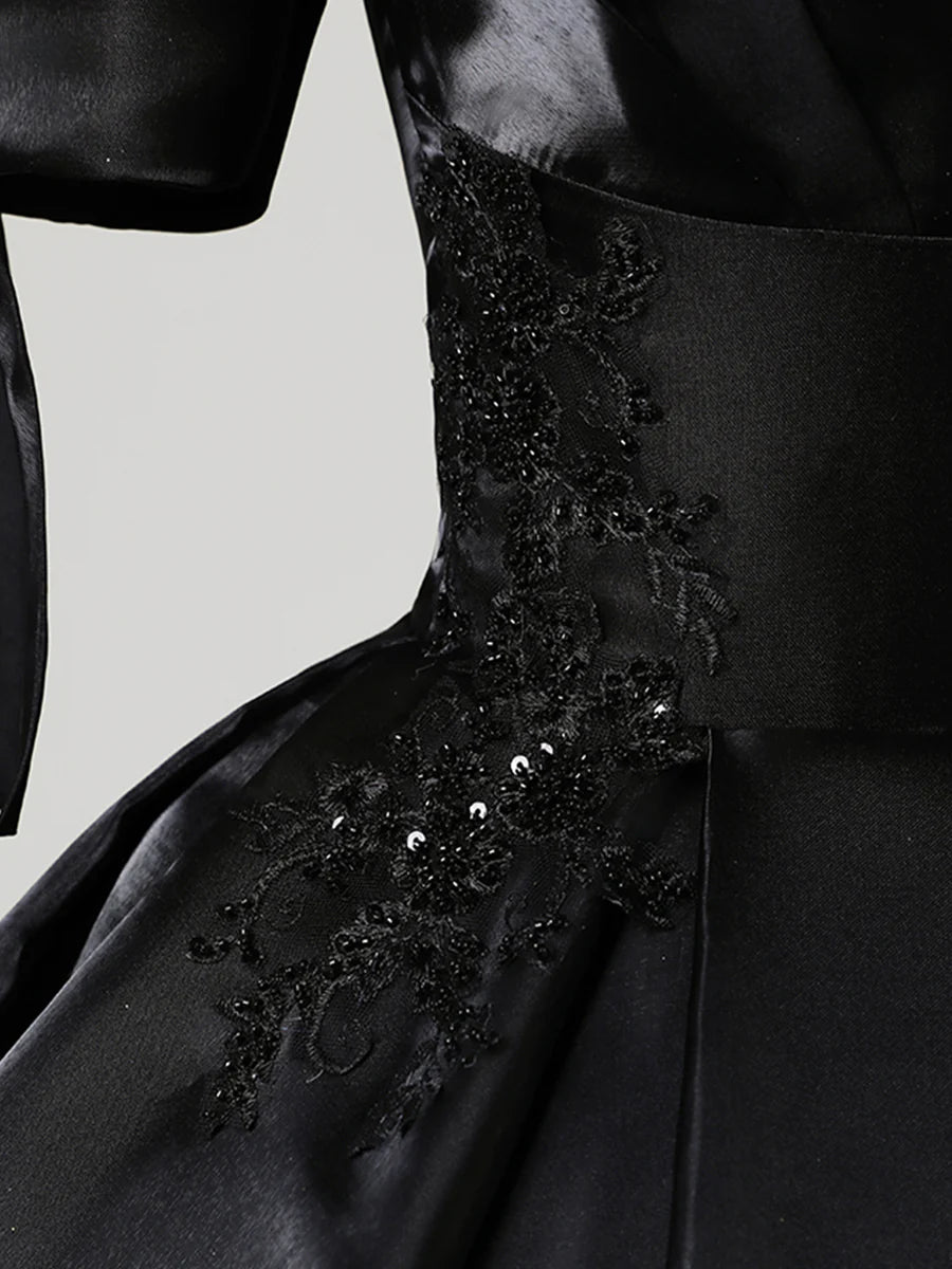 A-Line Elegant Black Satin Lace Long Prom Dress Short Sleeve Floor Length Evening Party Gown