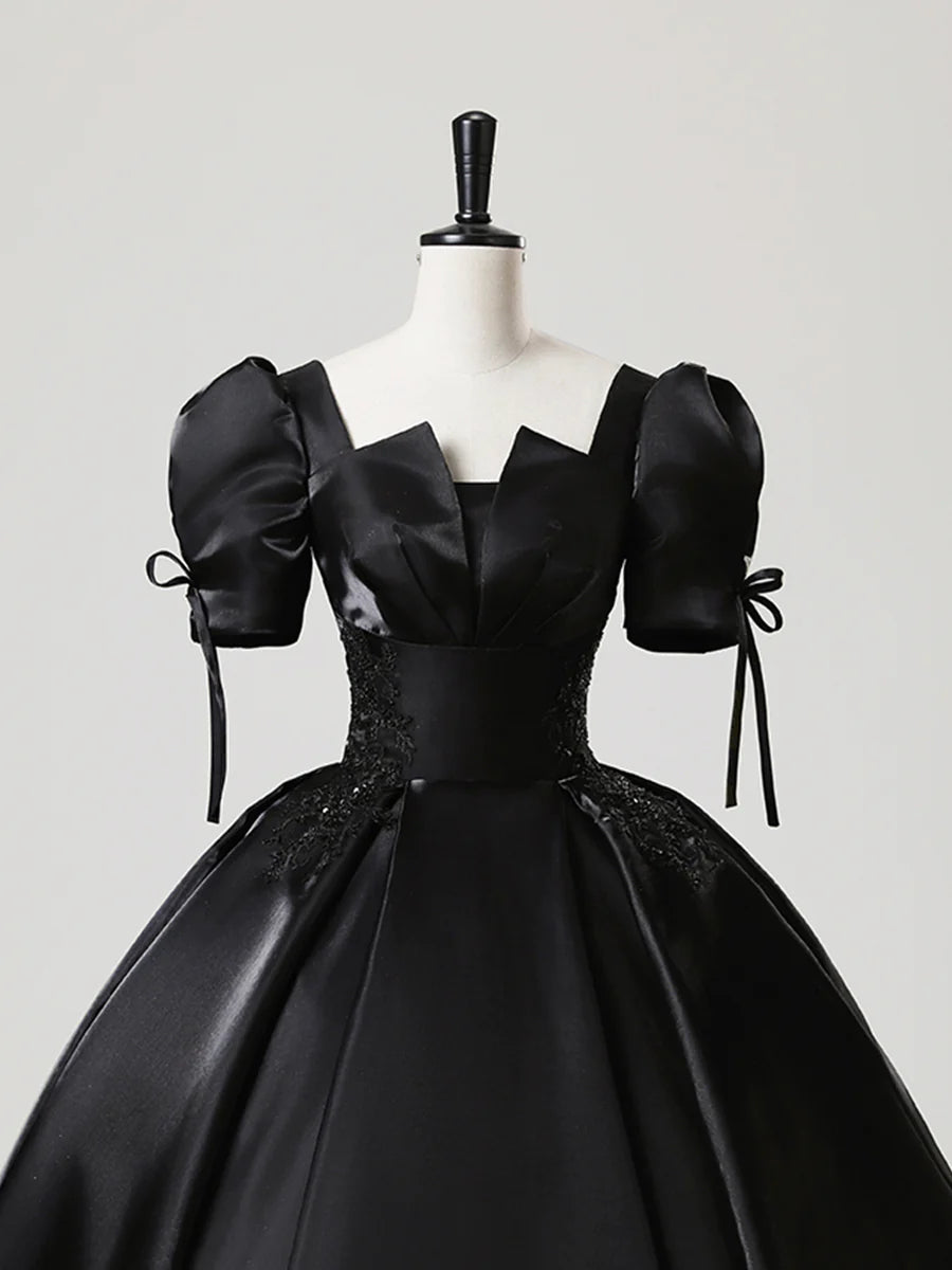 A-Line Elegant Black Satin Lace Long Prom Dress Short Sleeve Floor Length Evening Party Gown