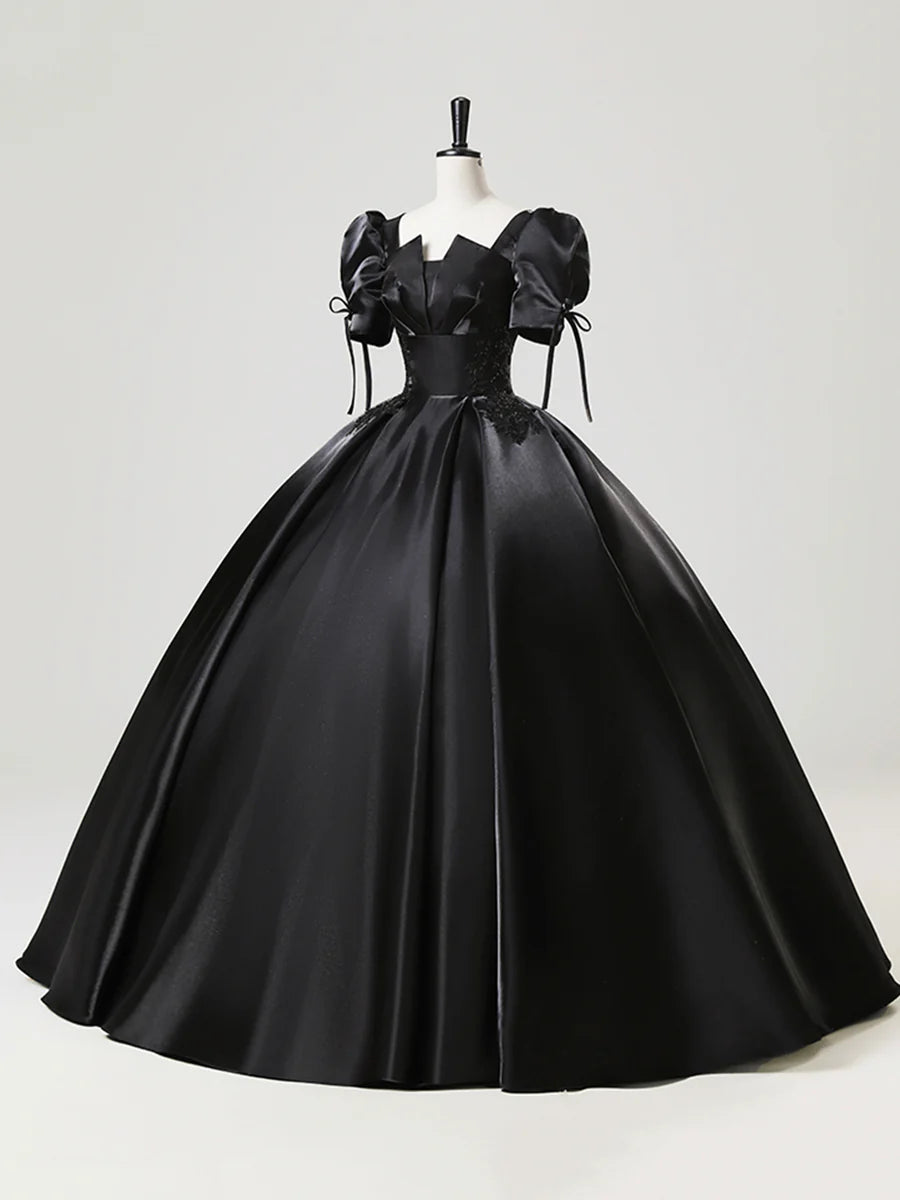 A-Line Elegant Black Satin Lace Long Prom Dress Short Sleeve Floor Length Evening Party Gown