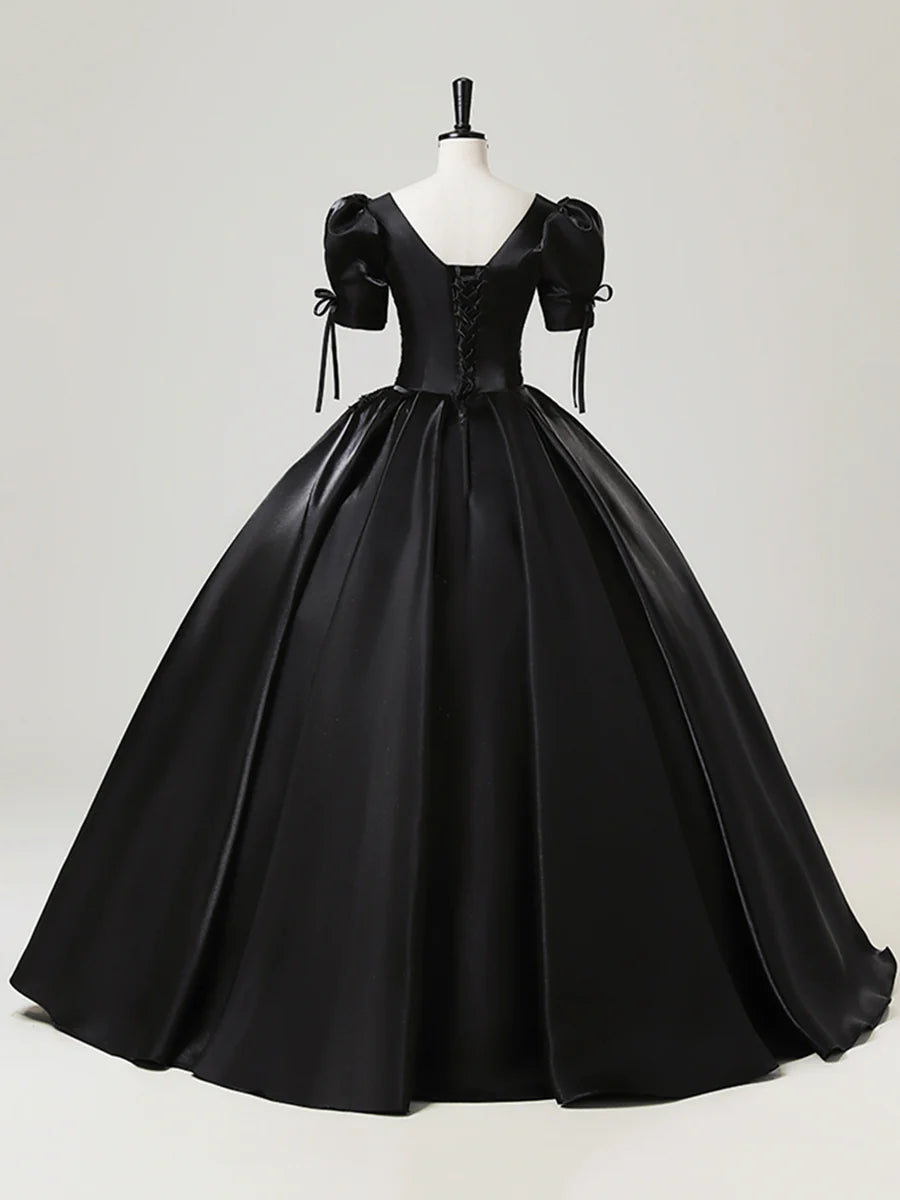 A-Line Elegant Black Satin Lace Long Prom Dress Short Sleeve Floor Length Evening Party Gown