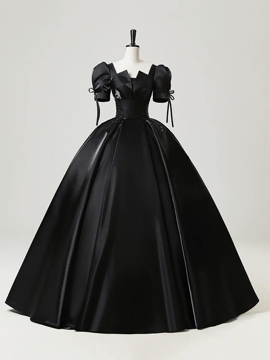 A-Line Elegant Black Satin Lace Long Prom Dress Short Sleeve Floor Length Evening Party Gown