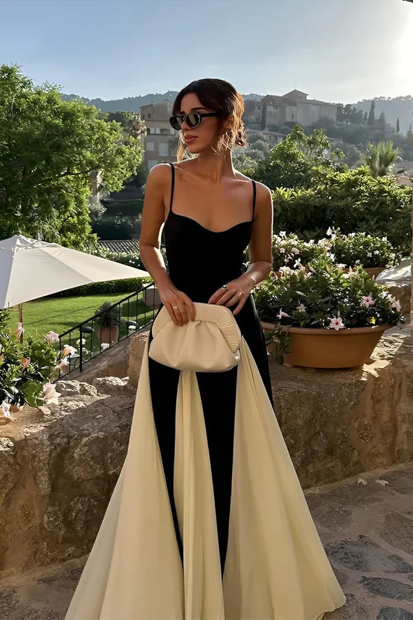 A-Line Elegant Black Satin Spaghetti Straps Ruffles Long Prom Dresses Simple Long Party Dresses For Ladies