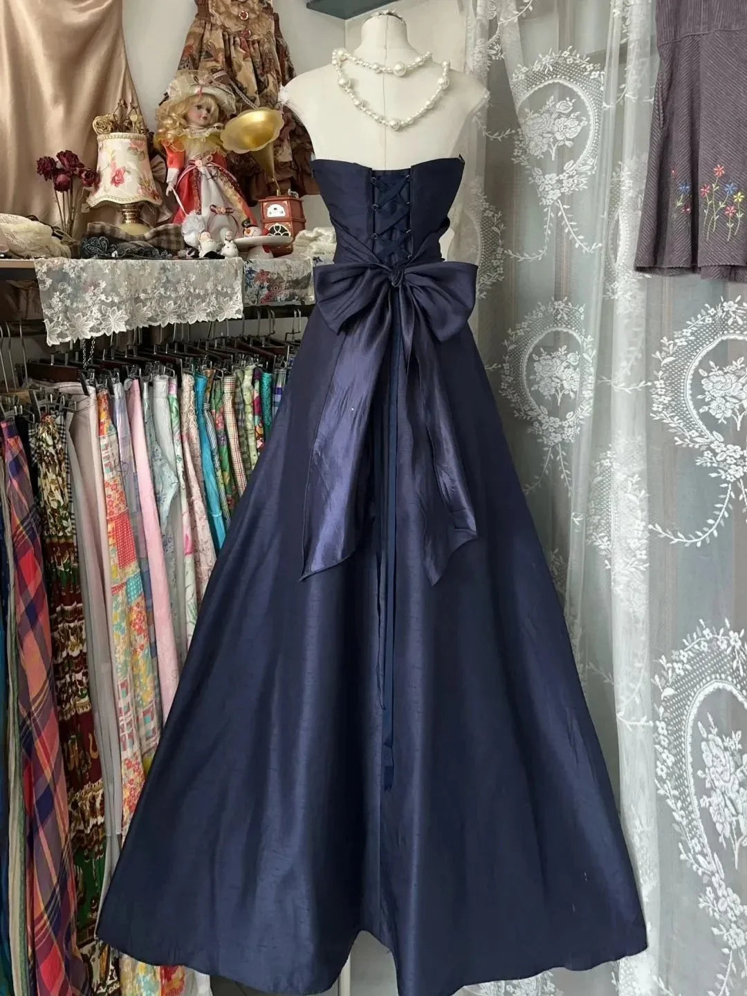 A-Line Elegant Blue Satin Strapless Pleated Bow Sleeveless Prom Dress Affordable Satin Party Dresses