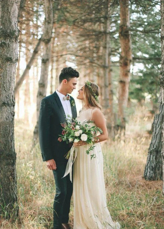 A-Line Elegant Bohemian White Chiffon Halter Neck Sleeveless Floor length Wedding Dresses