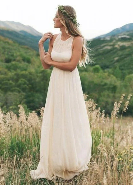 A-Line Elegant Bohemian White Chiffon Halter Neck Sleeveless Floor length Wedding Dresses