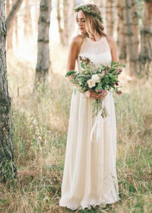 A-Line Elegant Bohemian White Chiffon Halter Neck Sleeveless Floor length Wedding Dresses