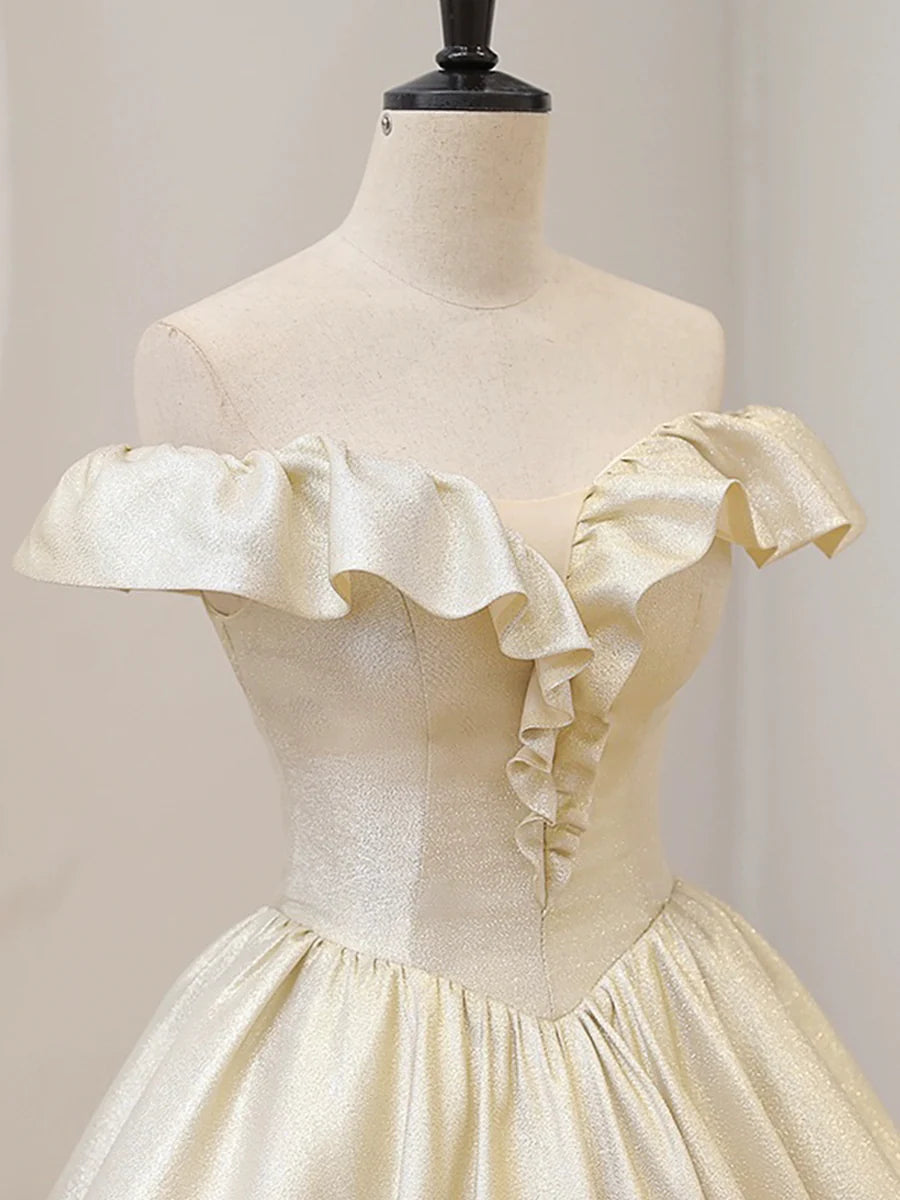 A-Line Elegant Champagne Off the Shoulder Ruffle Floor Length Prom Dress Discount Long Dresses