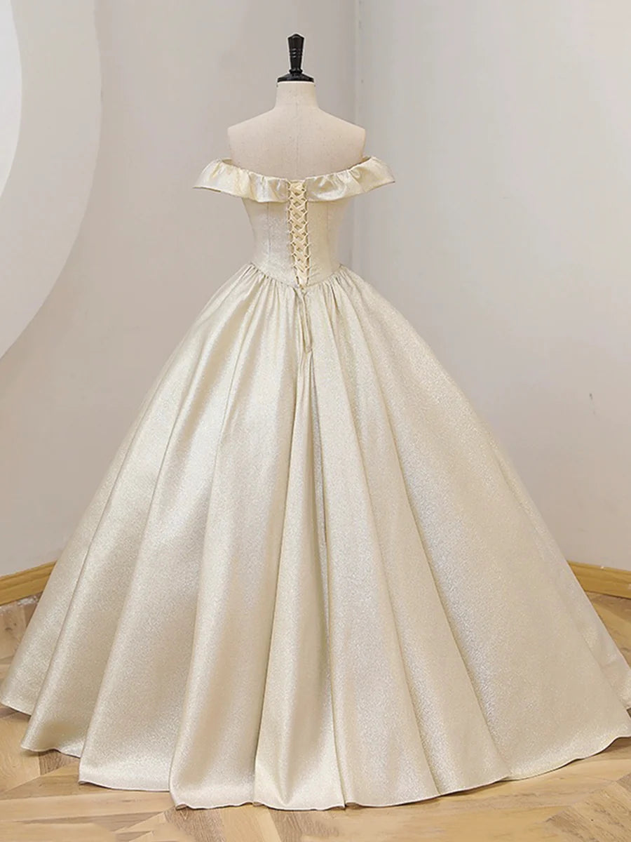 A-Line Elegant Champagne Off the Shoulder Ruffle Floor Length Prom Dress Discount Long Dresses
