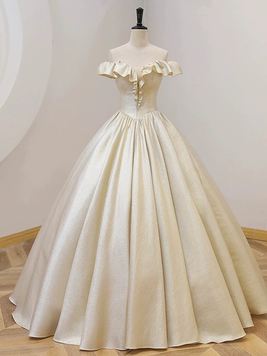 A-Line Elegant Champagne Off the Shoulder Ruffle Floor Length Prom Dress Discount Long Dresses