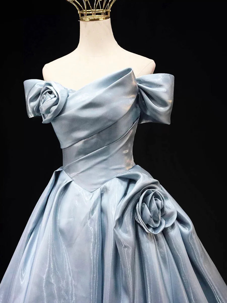A-Line Elegant Gray Blue Satin Off the Shoulder Floor length Prom Dress 3D Rose Formal Party Dress