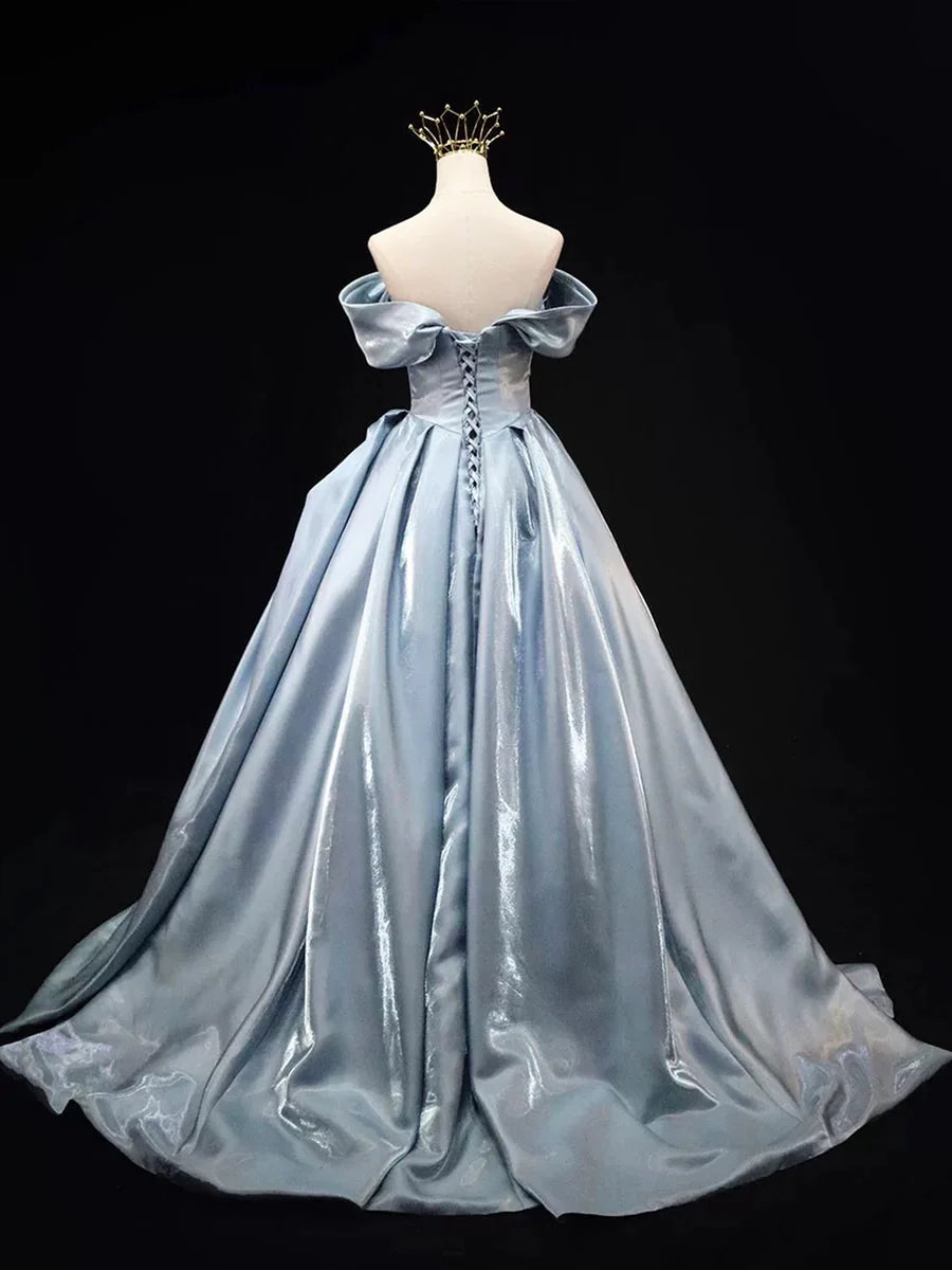 A-Line Elegant Gray Blue Satin Off the Shoulder Floor length Prom Dress 3D Rose Formal Party Dress