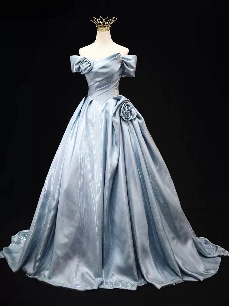A-Line Elegant Gray Blue Satin Off the Shoulder Floor length Prom Dress 3D Rose Formal Party Dress