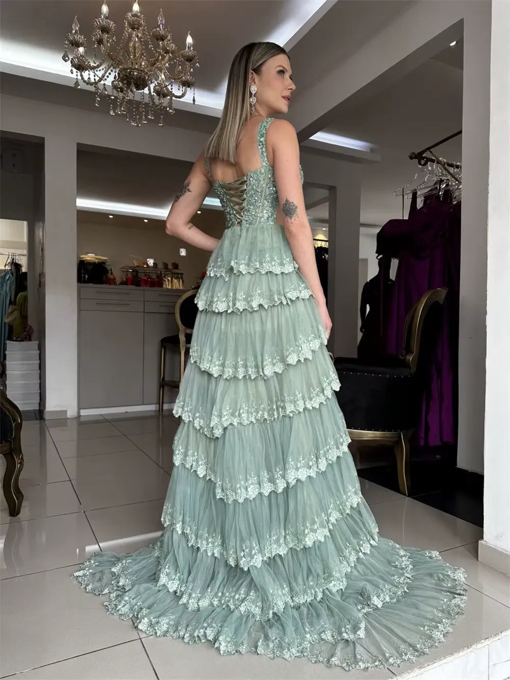 A-Line Empire-Waist Straps Layered Appliques Sleeveless Long Prom Dress