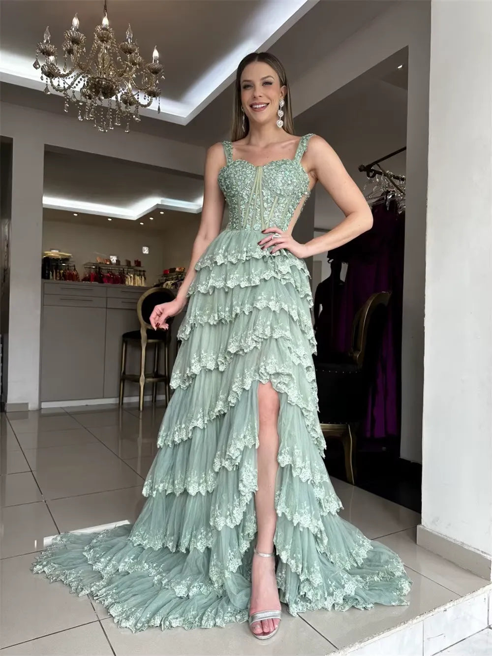A-Line Empire-Waist Straps Layered Appliques Sleeveless Long Prom Dress