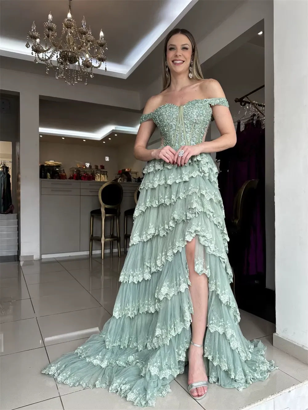 A-Line Empire-Waist Straps Layered Appliques Sleeveless Long Prom Dress
