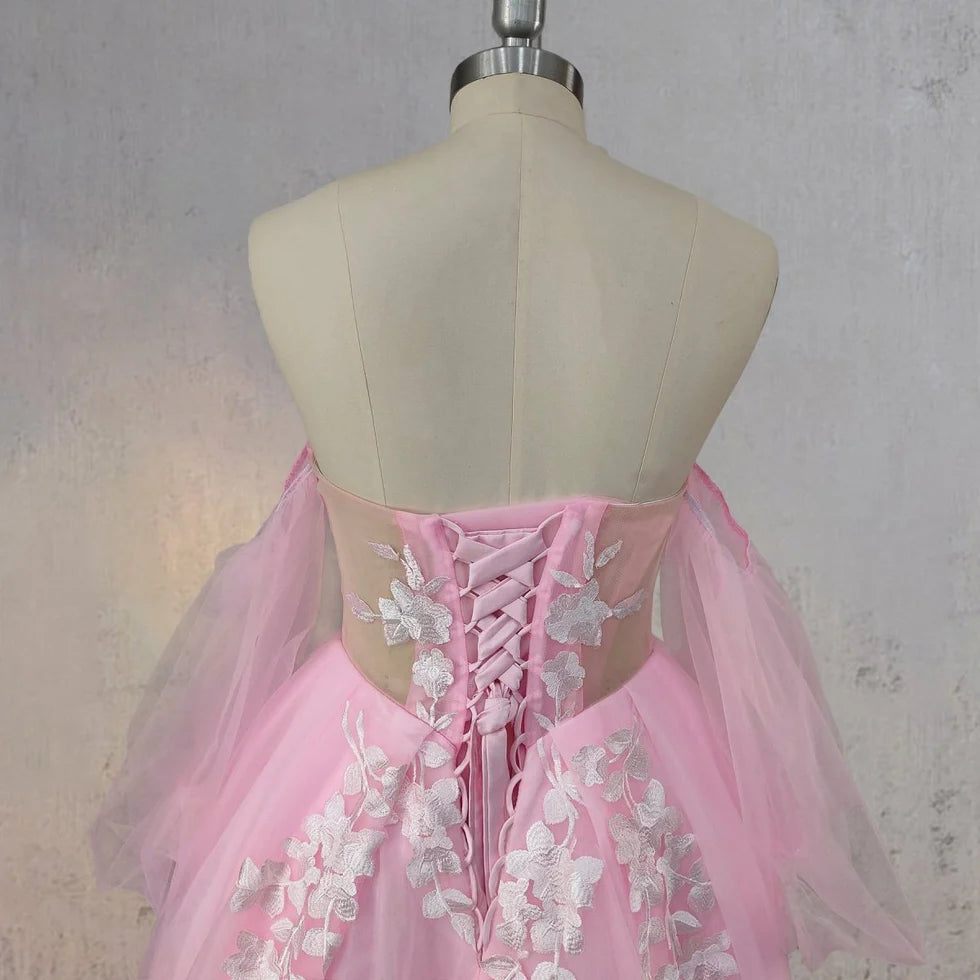 A-Line Floral Tulle Appliques Polka Dots Strapless V Neck Sweep Train Wedding Dress With Slit