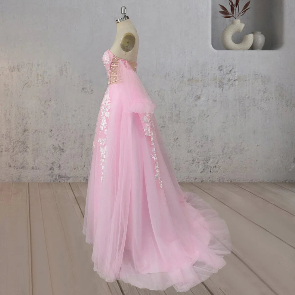 A-Line Floral Tulle Appliques Polka Dots Strapless V Neck Sweep Train Wedding Dress With Slit