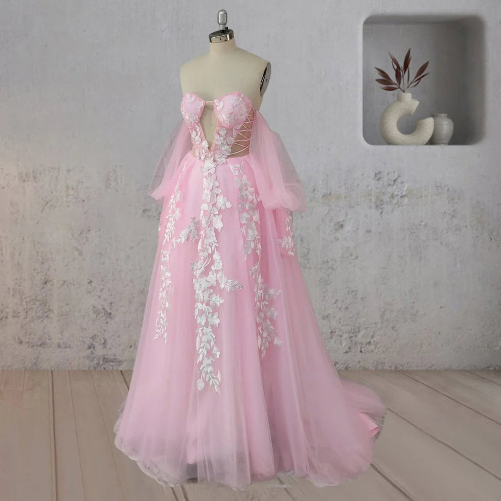 A-Line Floral Tulle Appliques Polka Dots Strapless V Neck Sweep Train Wedding Dress With Slit