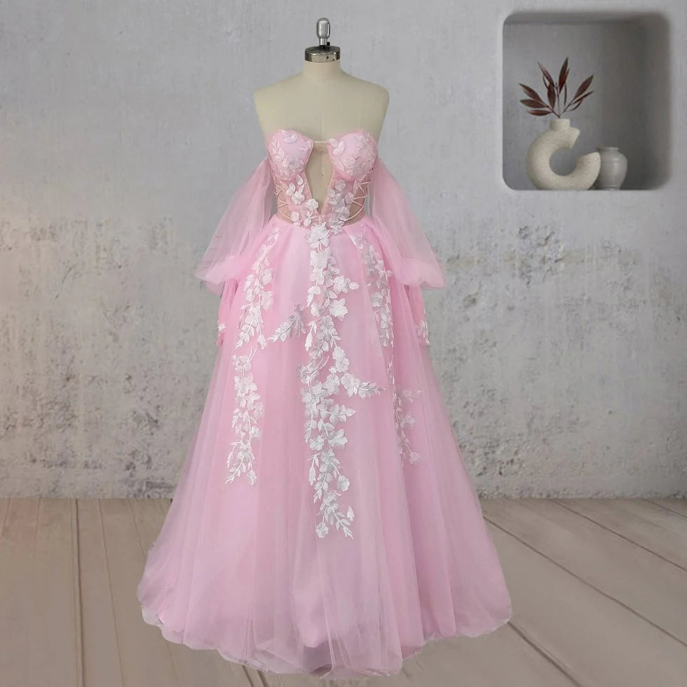 A-Line Floral Tulle Appliques Polka Dots Strapless V Neck Sweep Train Wedding Dress With Slit