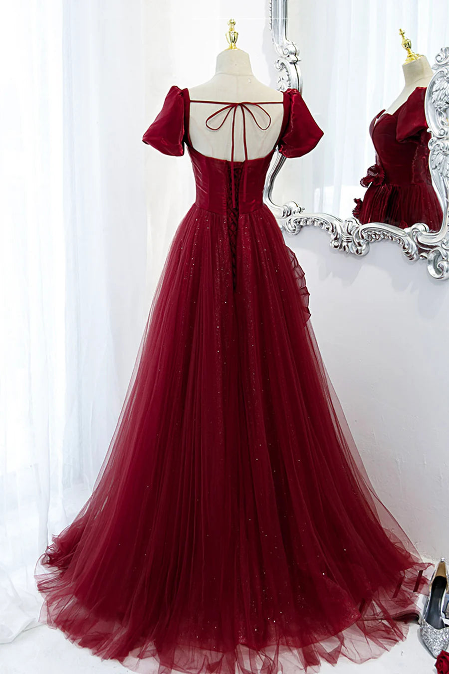 Chic A-Line Flowers Pleated Satin Tulle Burgundy Long Prom Dresses Evening Dresses
