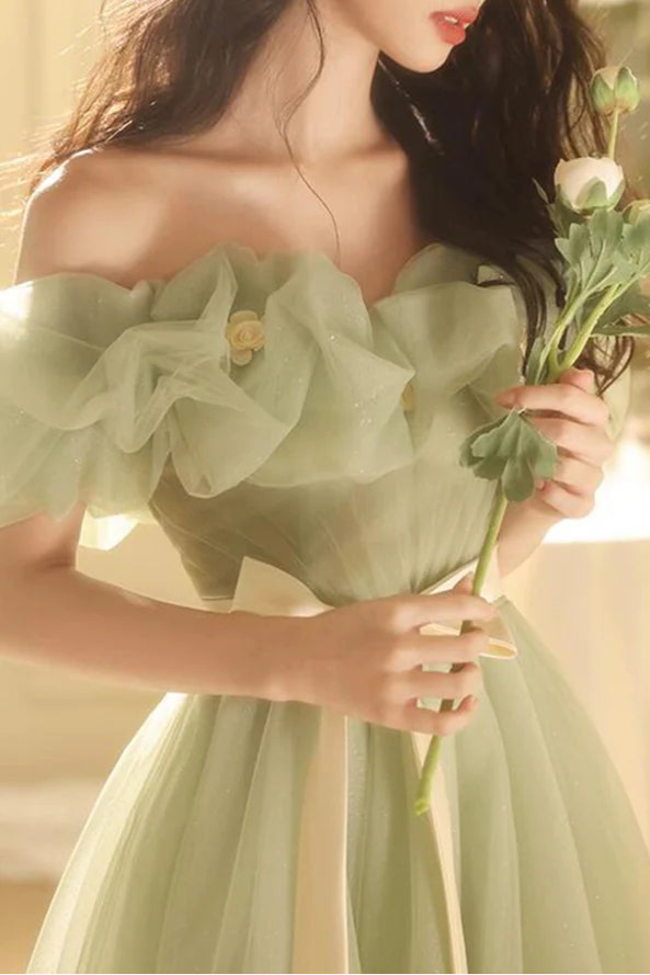 A-Line Green Tulle Flowers Long Prom Dress Beautiful Off the Shoulder Floor length Evening Party Dress