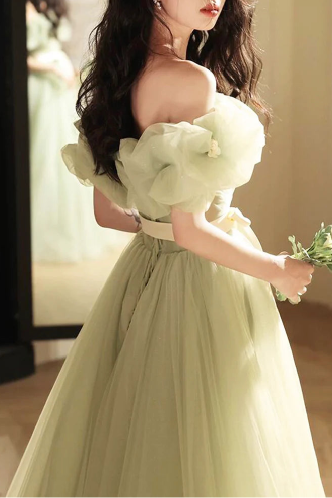 A-Line Green Tulle Flowers Long Prom Dress Beautiful Off the Shoulder Floor length Evening Party Dress